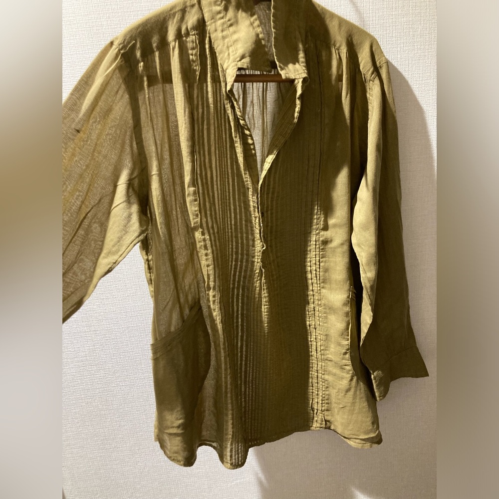 Relaxed Olive Green Pintuck Button-Front Blouse